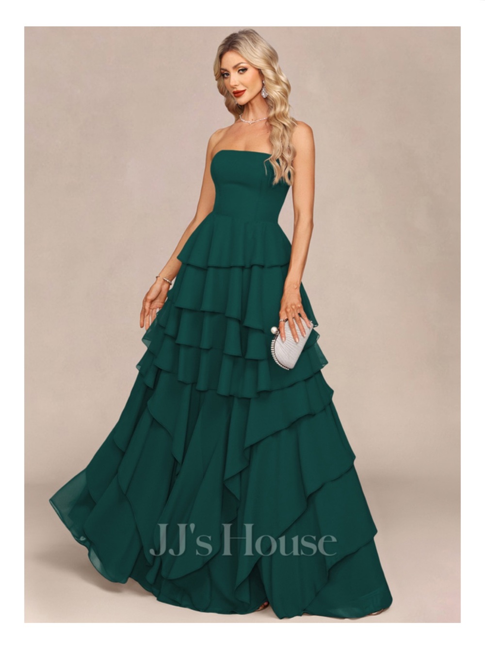 JJ's House Avaia Emerald Strapless Cascading Ruffles Chiffon Dress